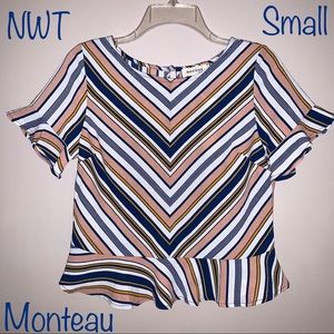 Monteau NWT Ruffle Trim Striped Top, Size Small